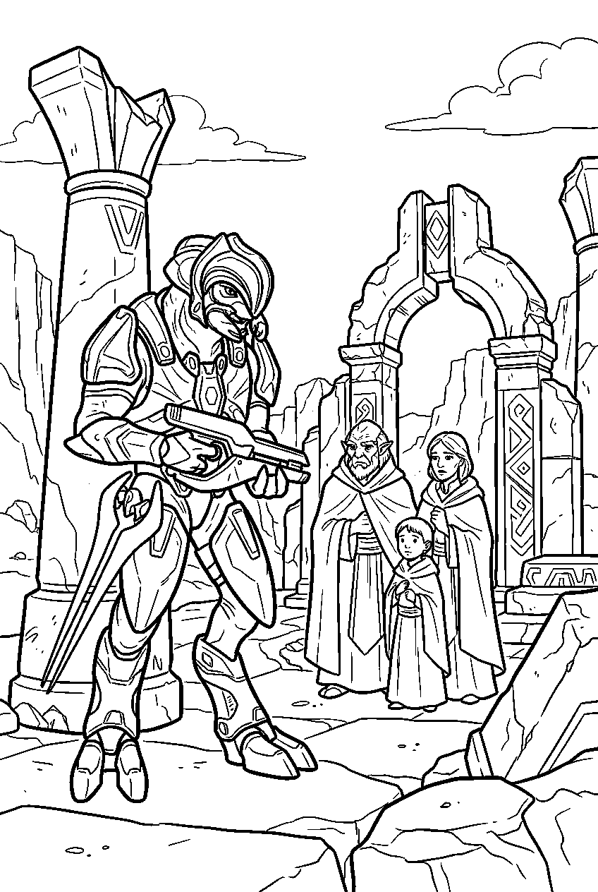 halo arbiter among sanghelios ruins guarding civilians line art