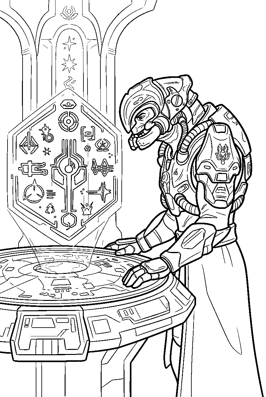 halo arbiter at ark cartographer studying a map line art