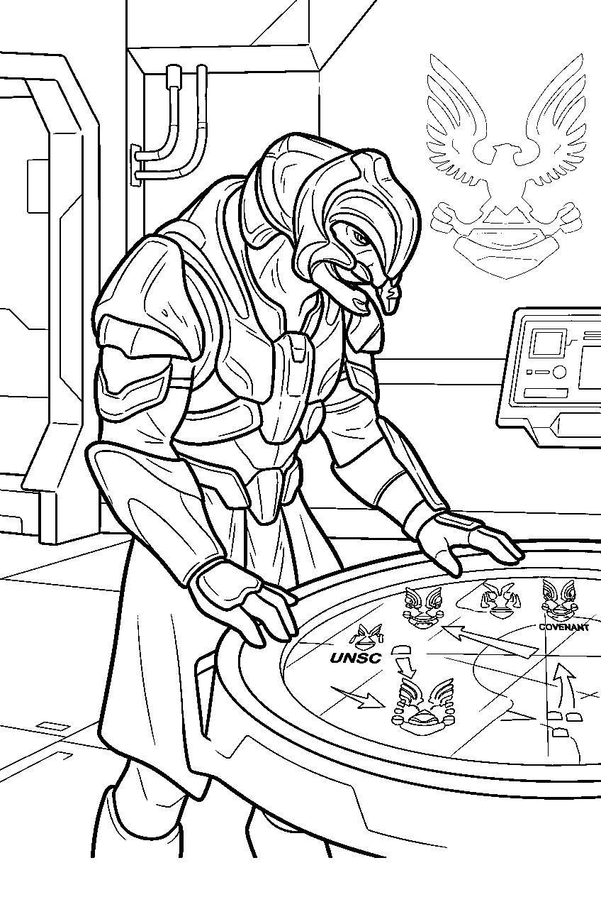 halo arbiter at crow s nest reviewing battle plans line art
