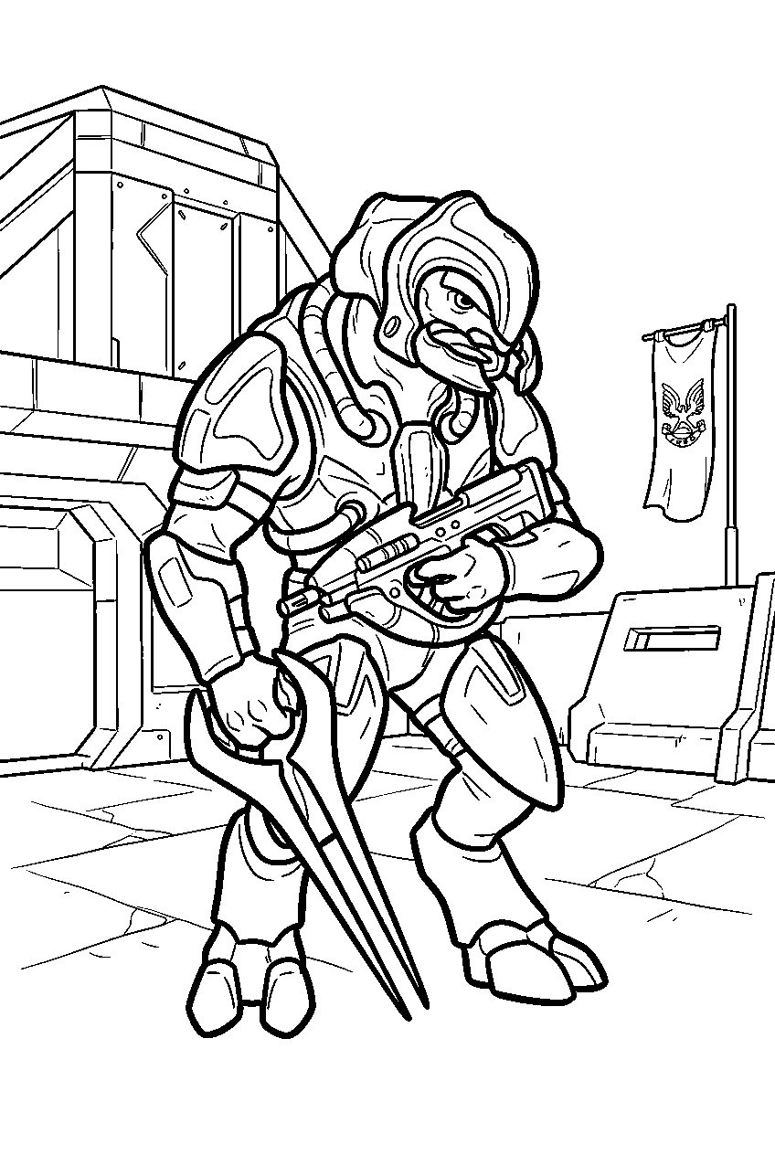 halo arbiter at sword base guarding a courtyard line art
