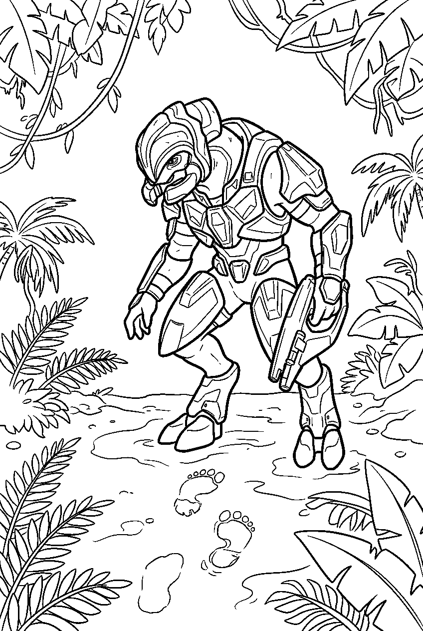 halo arbiter in african jungle following tracks line art