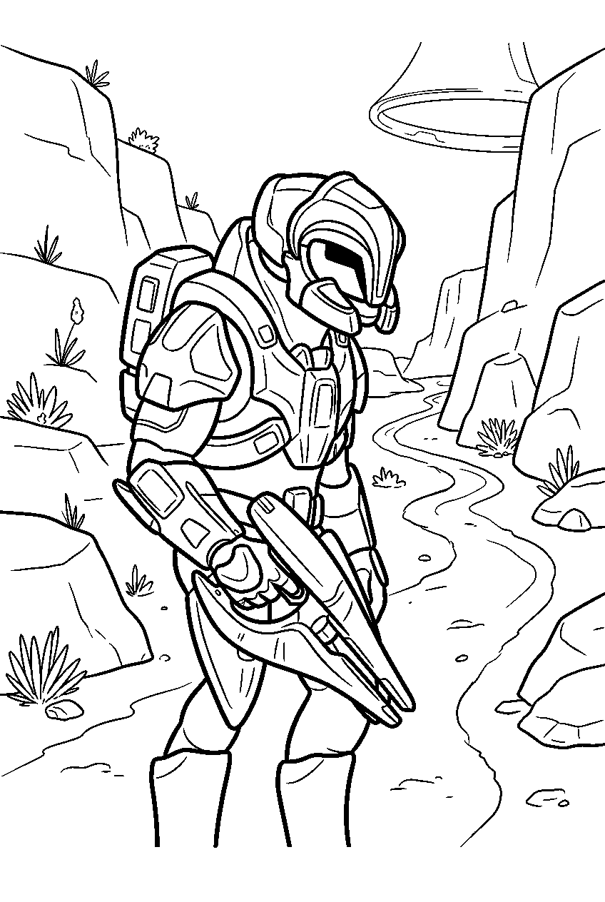 halo arbiter in ark canyon following a trail line art