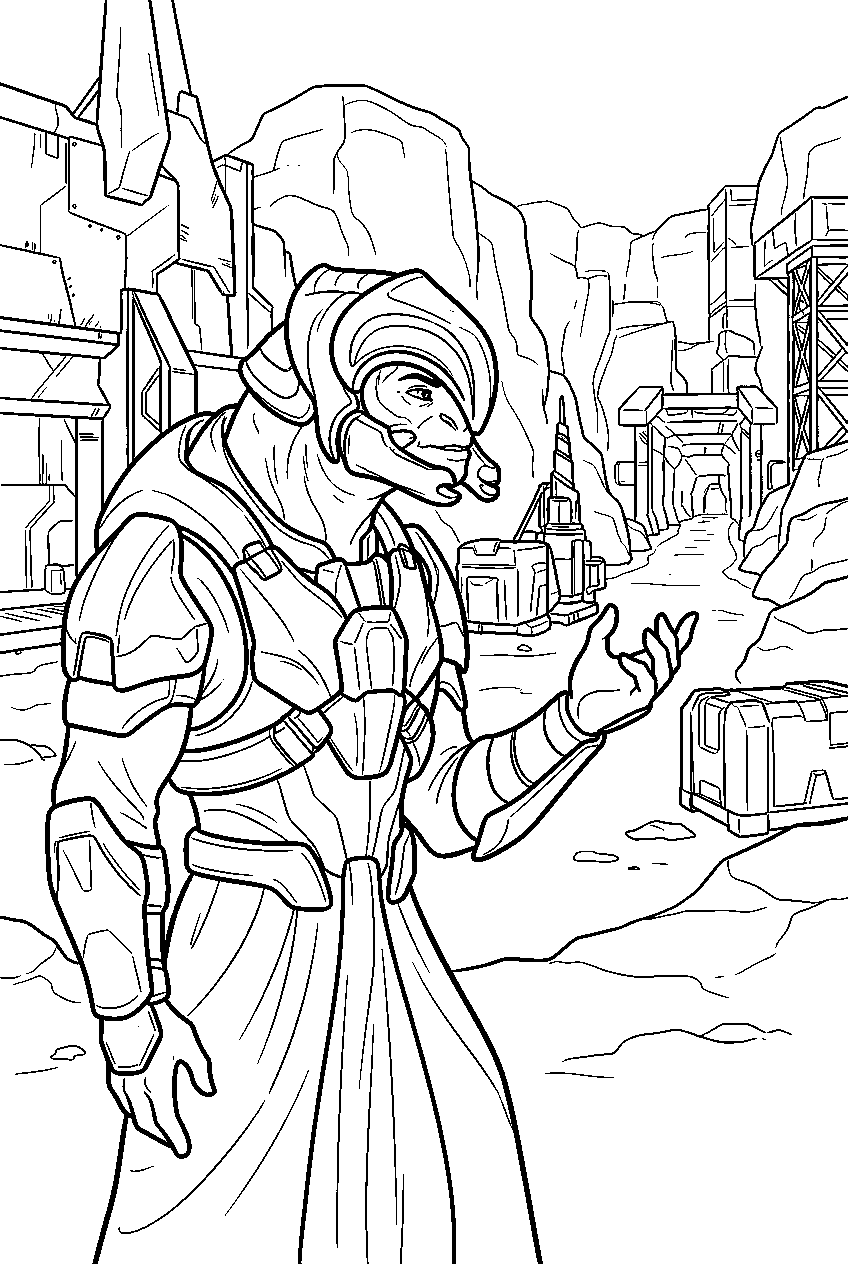 halo arbiter in banished mining site surveying the mine line art