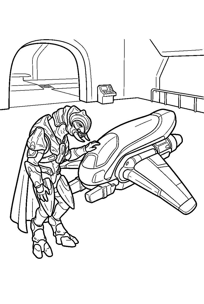 halo arbiter in covenant hangar inspecting a banshee line art