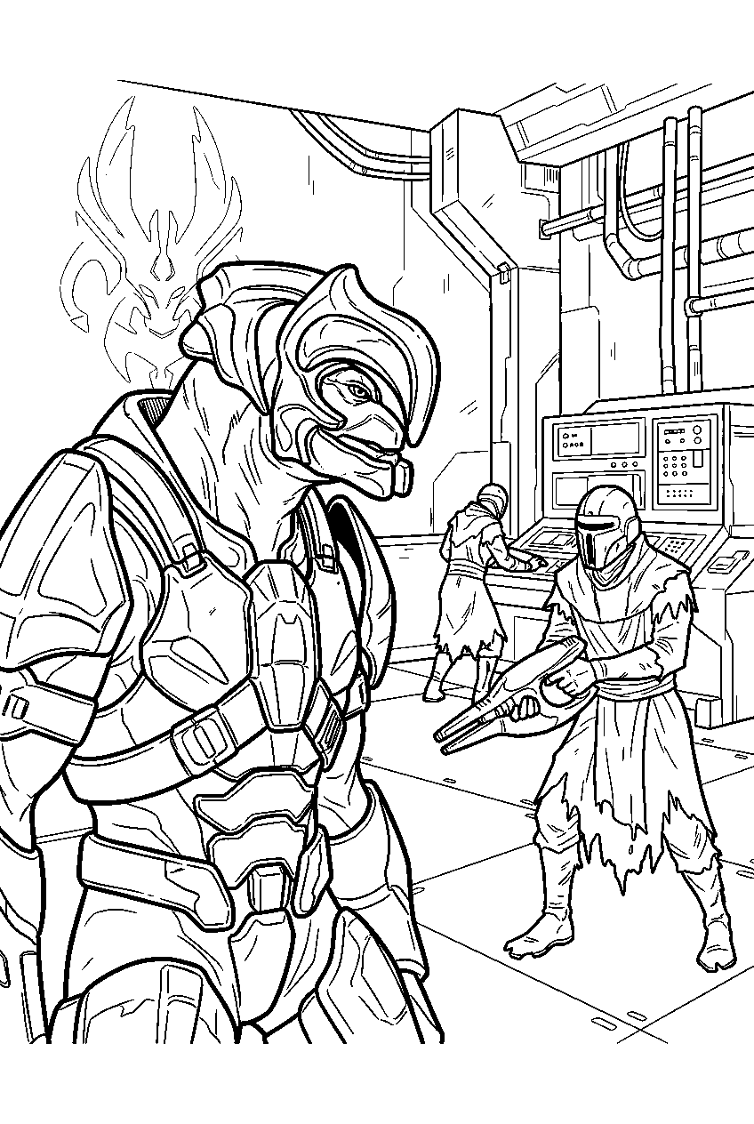 halo arbiter in heretic base confronting rebels line art