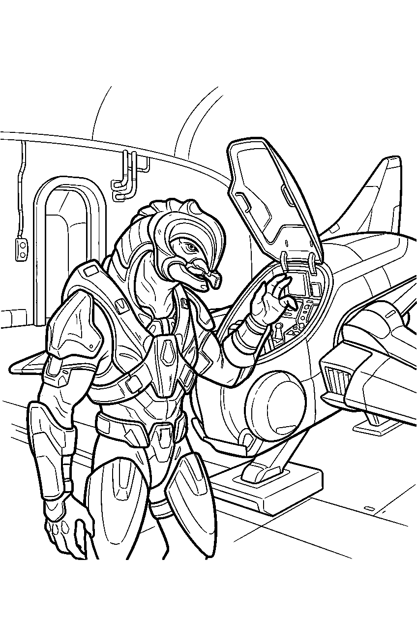 halo arbiter in heretic hangar inspecting aircraft line art