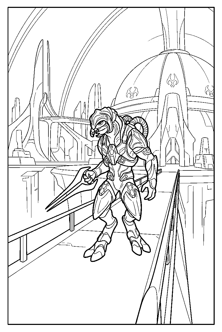 halo arbiter in high charity plaza crossing a bridge line art