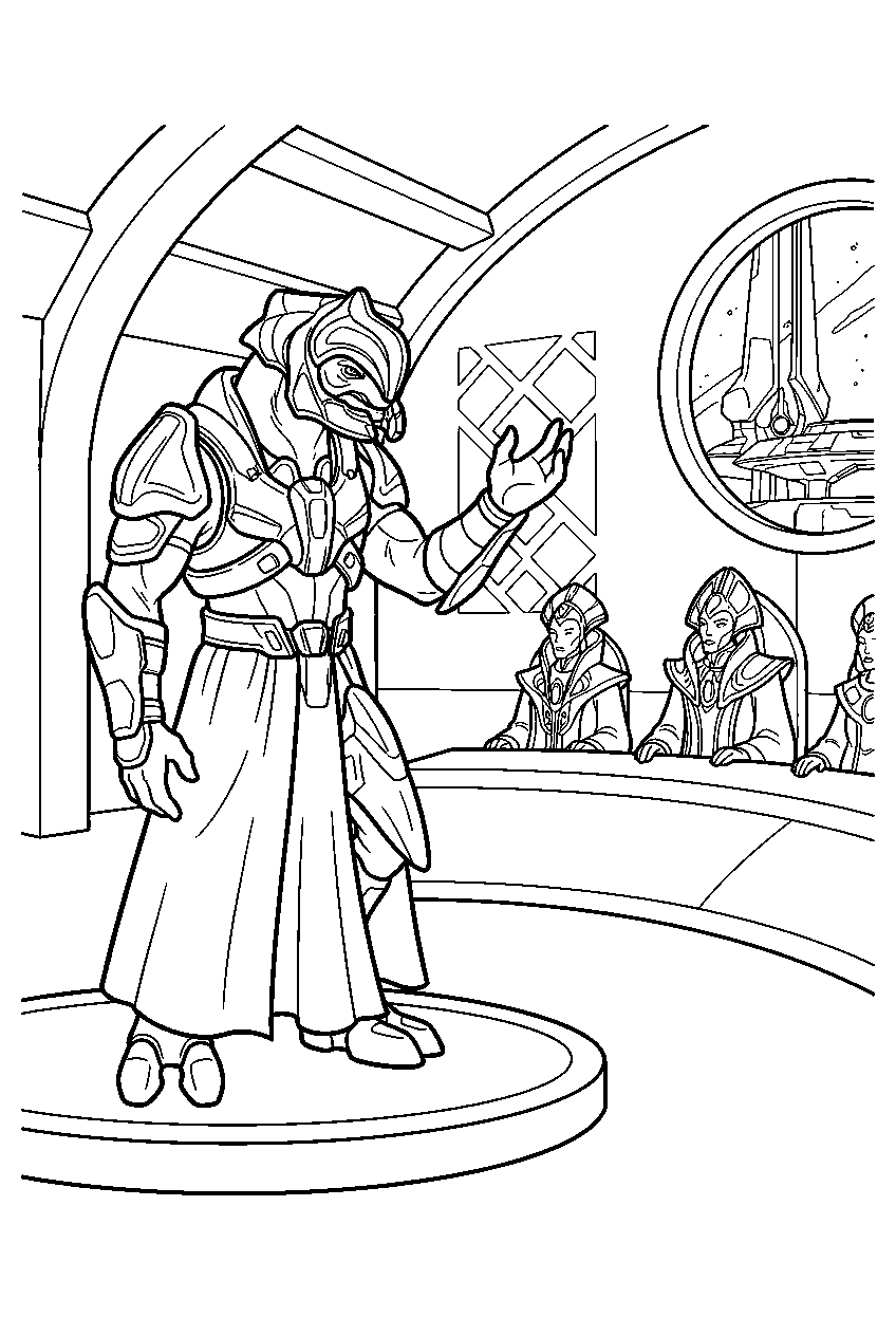 halo arbiter in high council chamber addressing the council line art