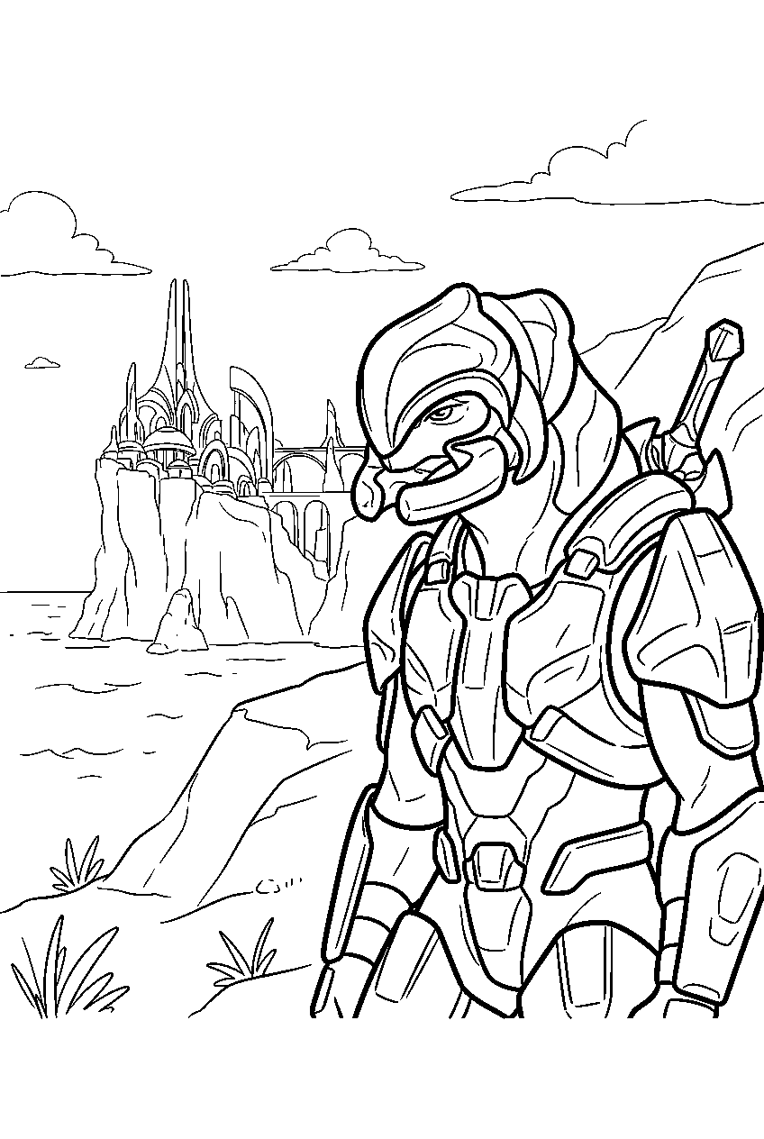 halo arbiter in nuusra hills overlooking sunaion line art