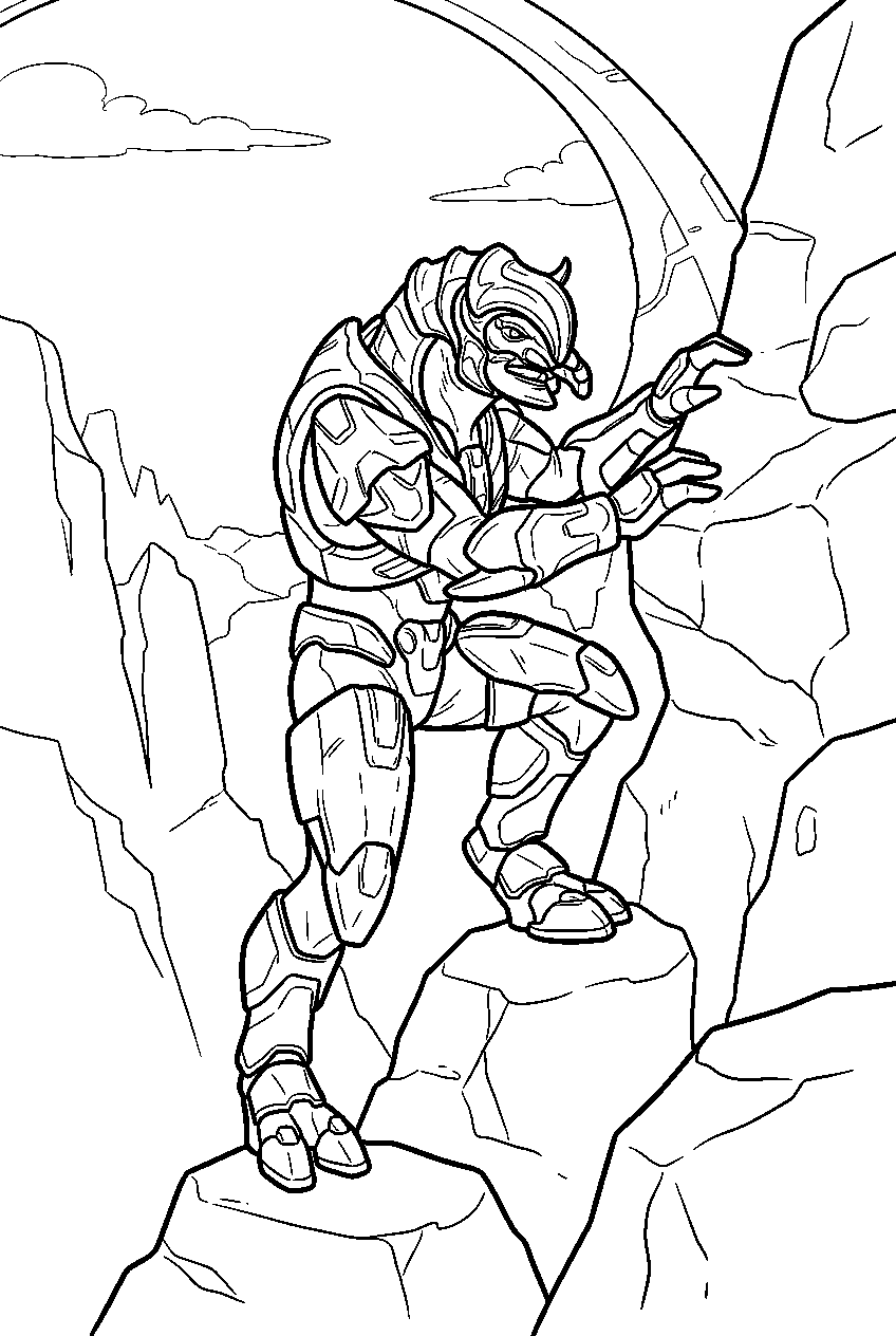 halo arbiter in ringworld canyon scaling rocks line art