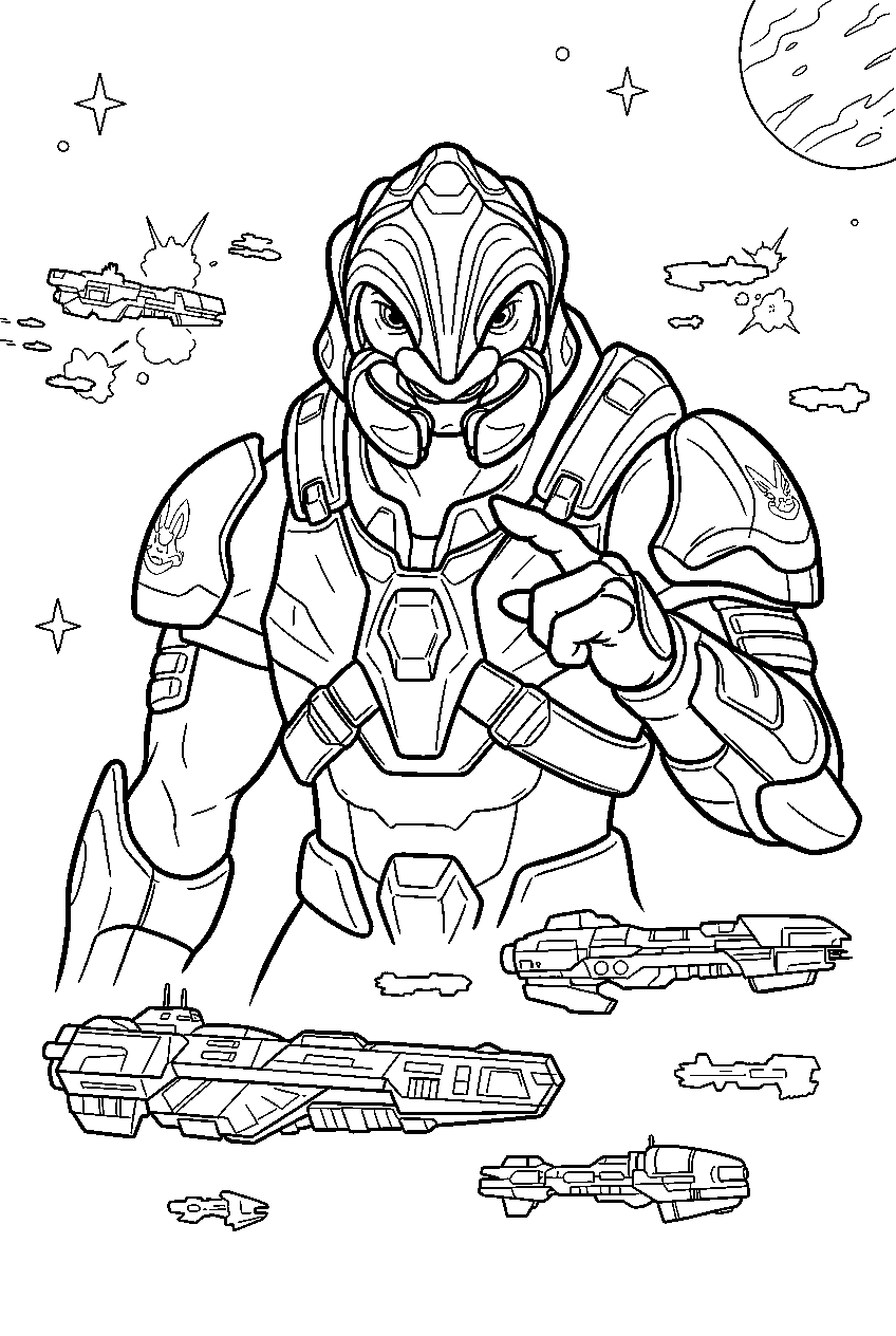 halo arbiter in space battlefield leading the fleet line art