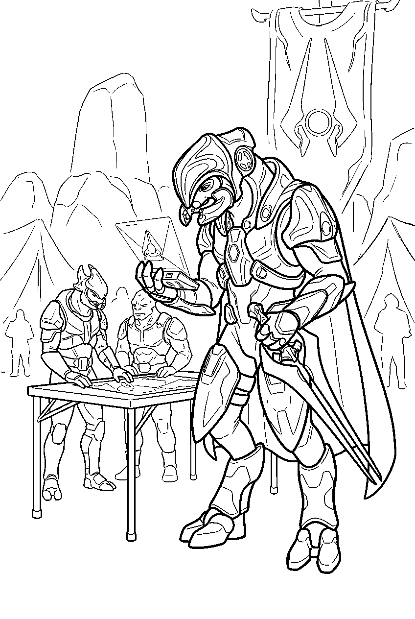 halo arbiter in swords of sanghelios camp reviewing strategy line art