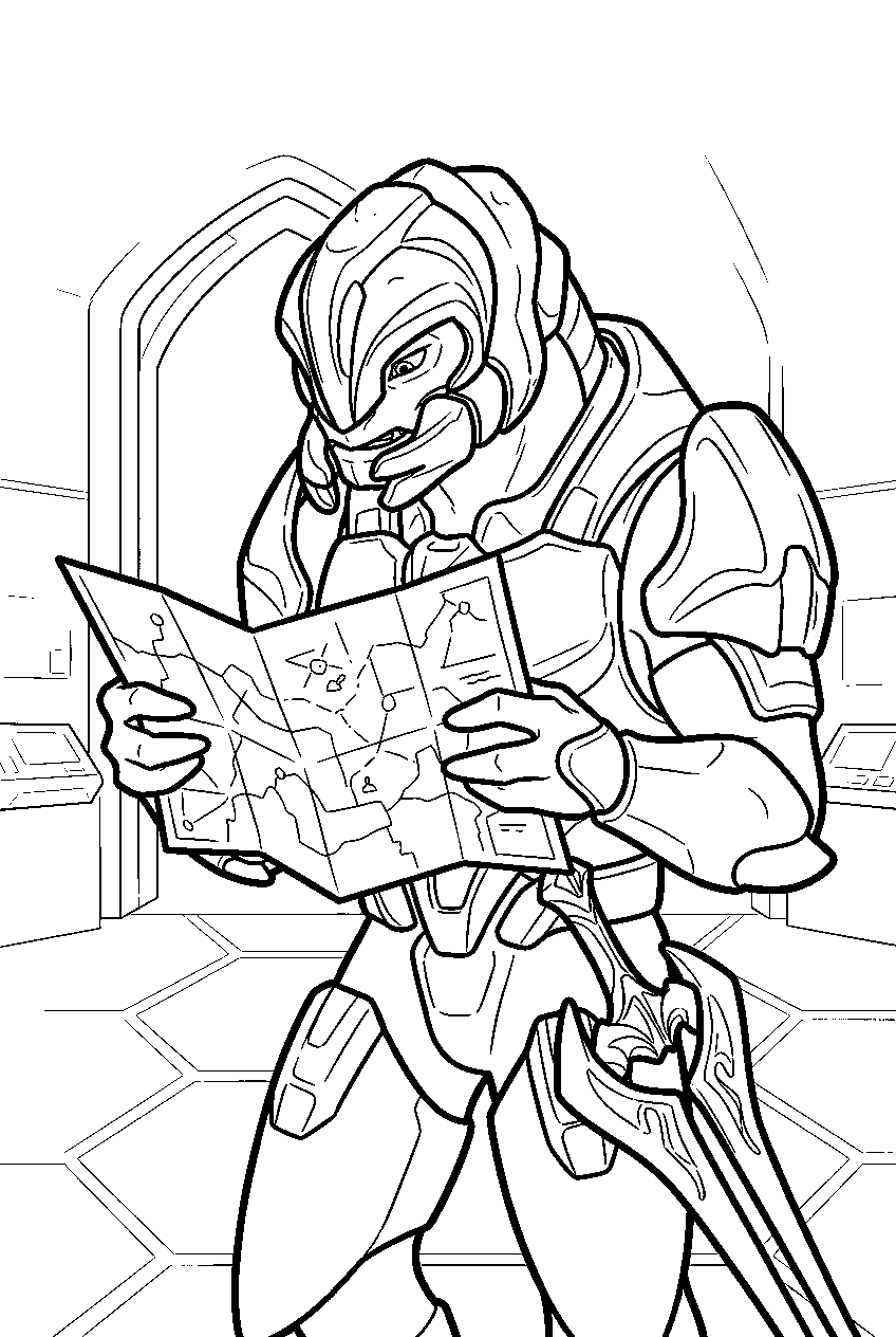 halo arbiter in the silent cartographer reading a map line art