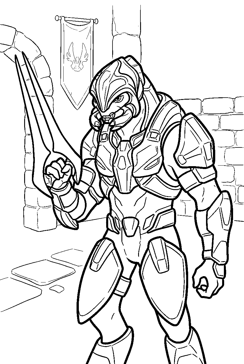 halo arbiter in vadam keep courtyard holding energy sword line art