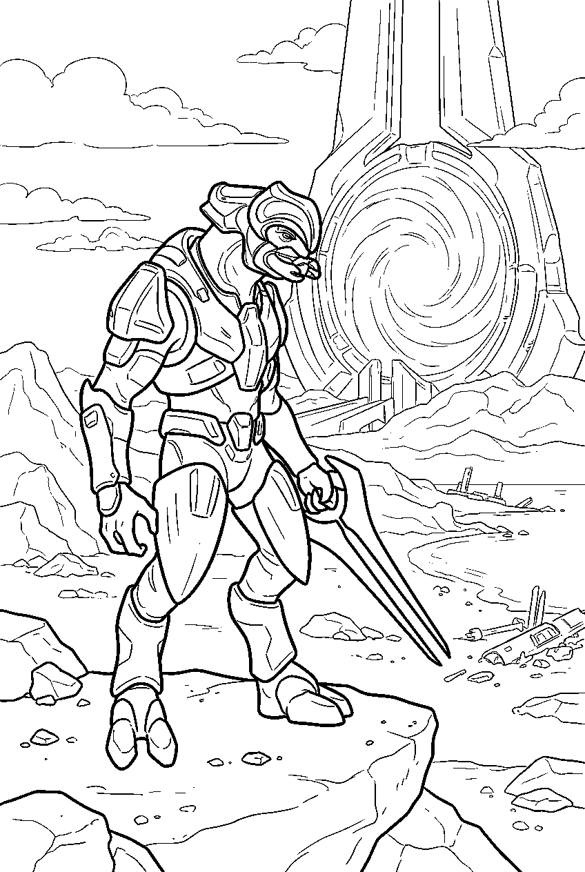 halo arbiter near portal at voi watching the portal line art