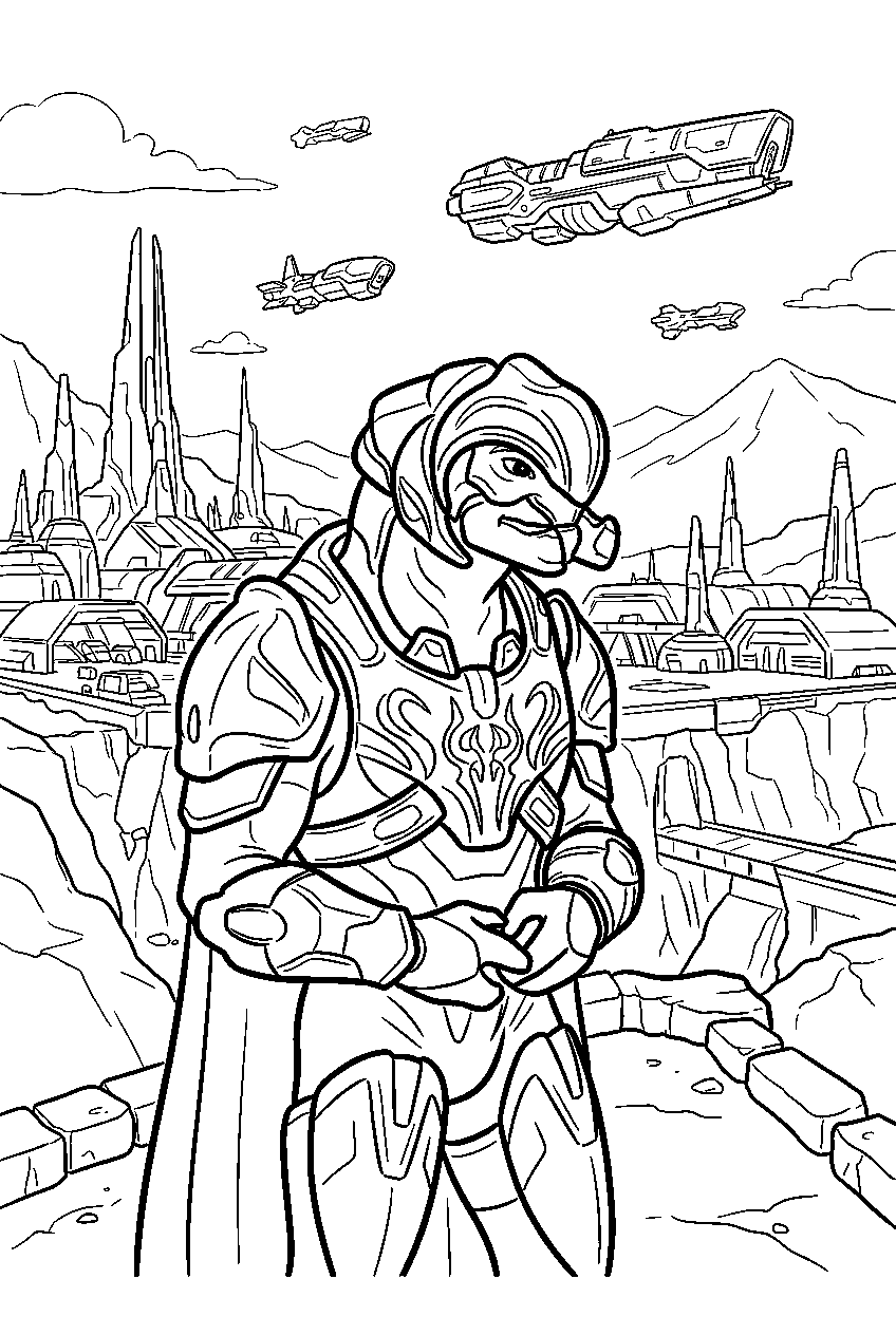 halo arbiter near sanghelios spaceport watching ships line art