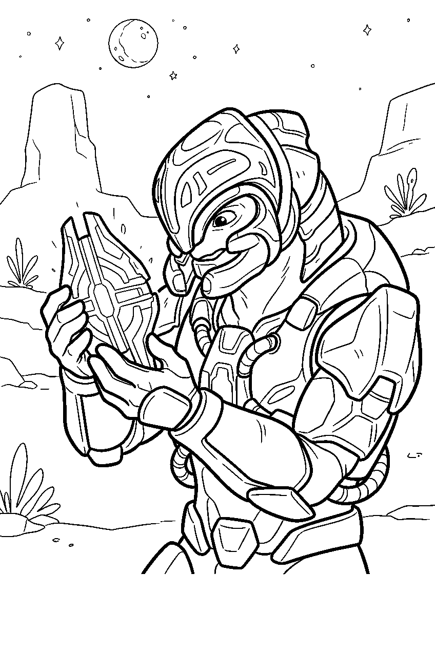 halo arbiter on netherop examining an artifact line art