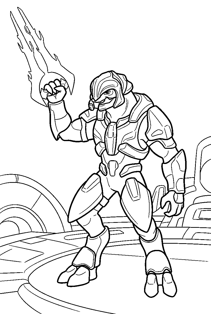 halo arbiter on sunaion platform raising energy sword line art