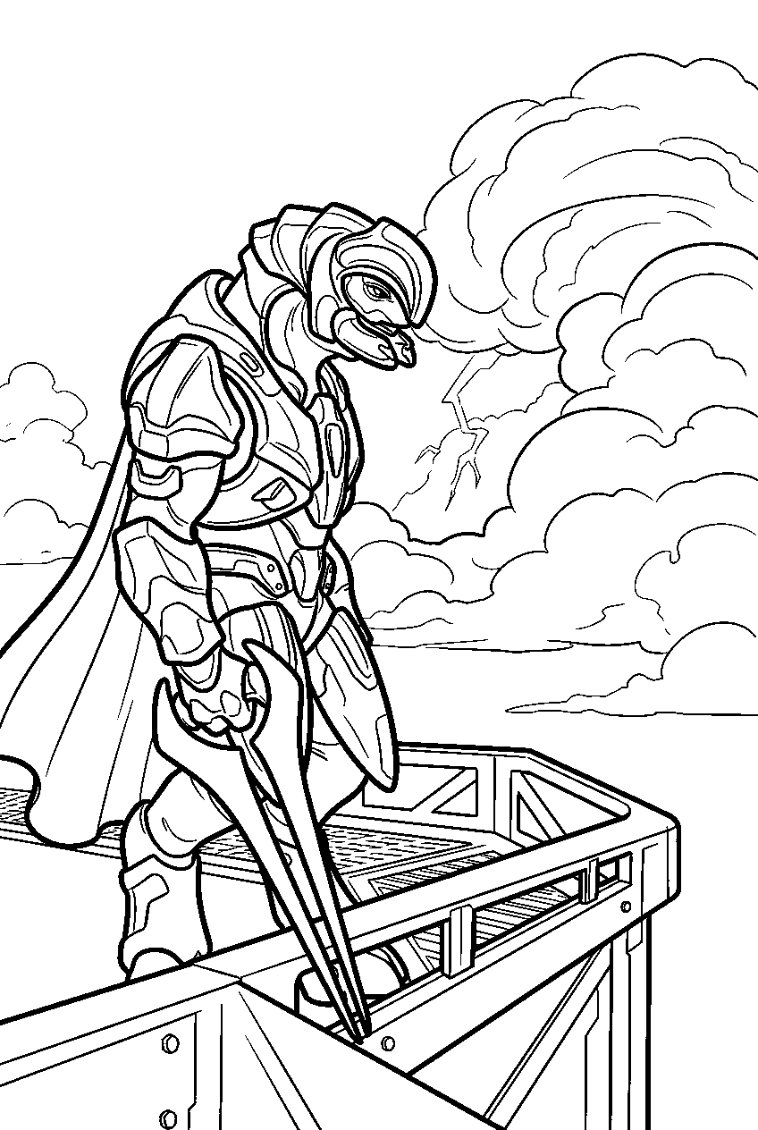 halo arbiter on threshold platform watching storm clouds line art