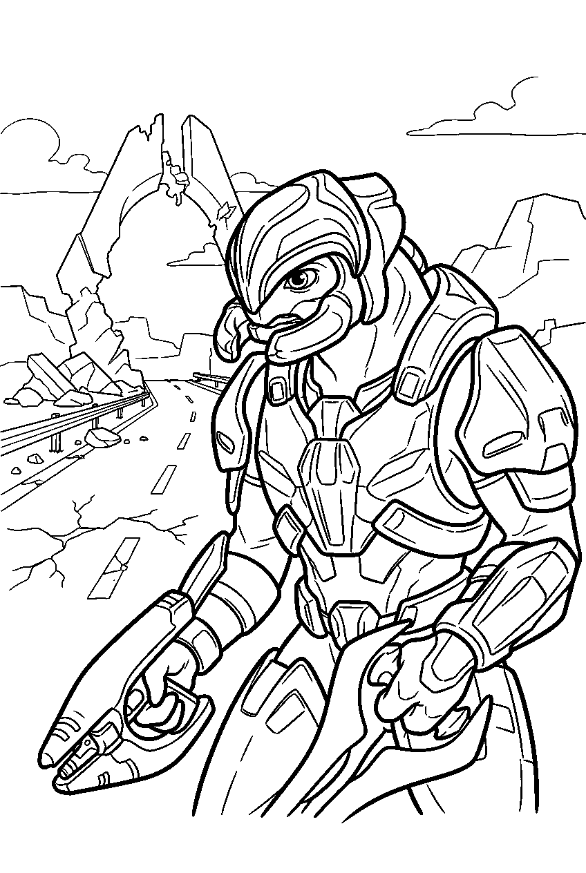 halo arbiter on tsavo highway scouting ahead line art