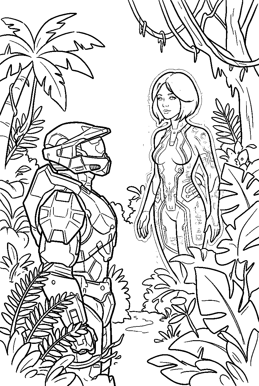 halo cortana appearing in vision in african jungle line art