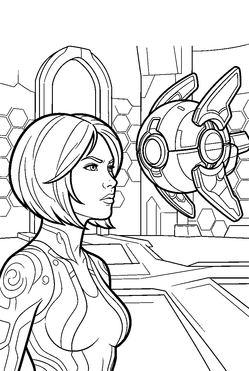 halo cortana confronting guilty spark in the library line art