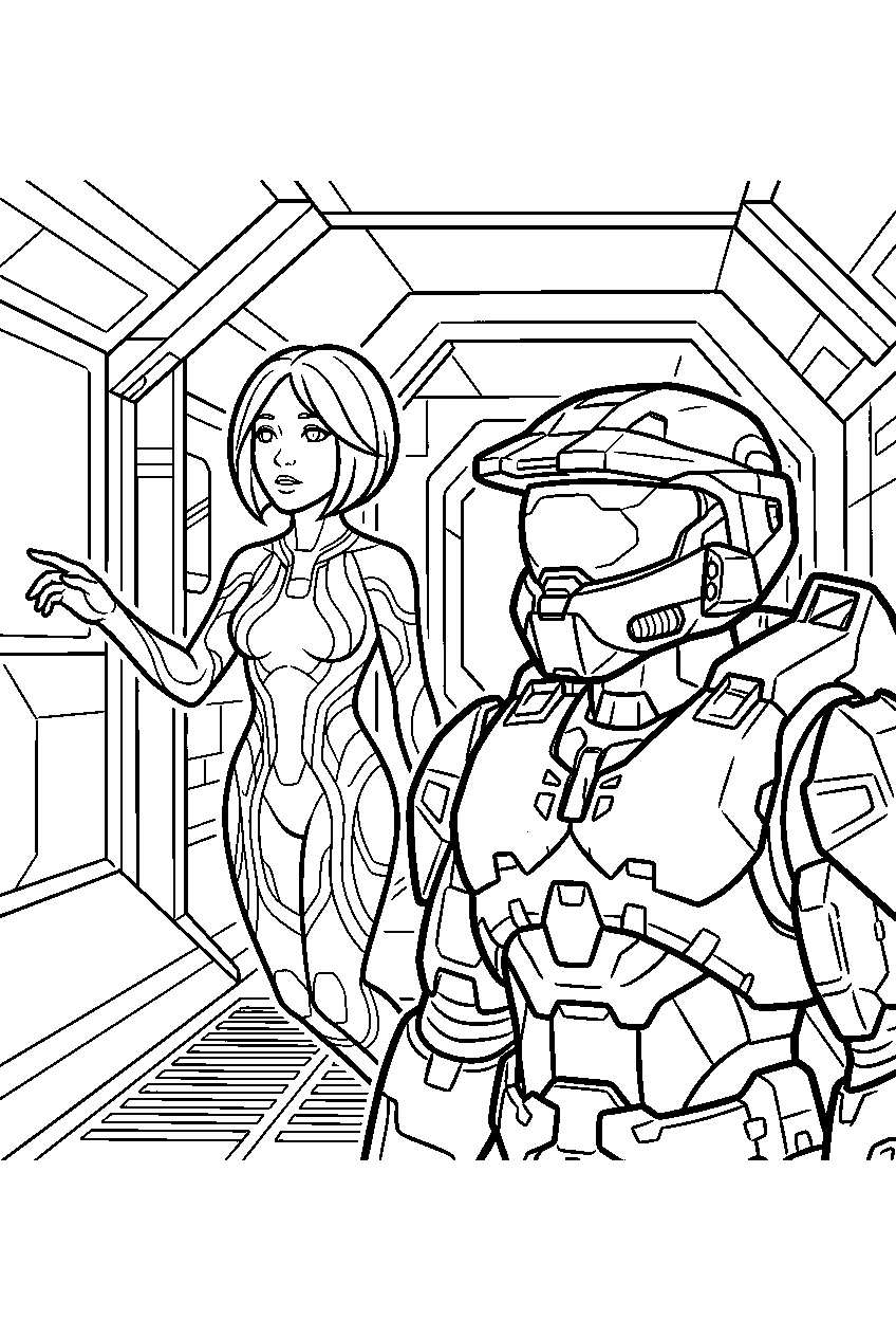halo cortana guiding master chief through pillar of autumn corridor line art