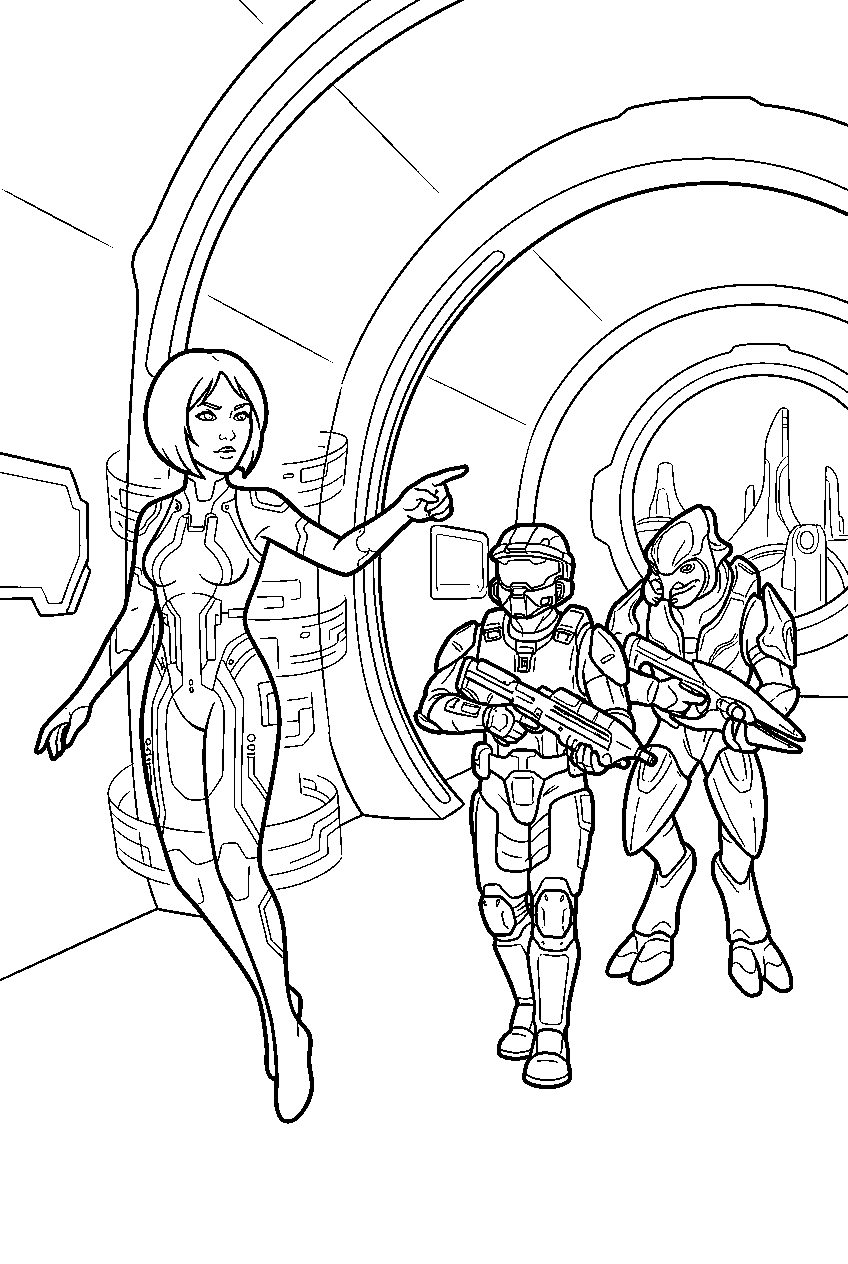 halo cortana guiding the rescue through high charity corridors line art