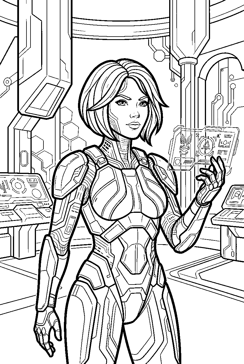 halo cortana in the library line art