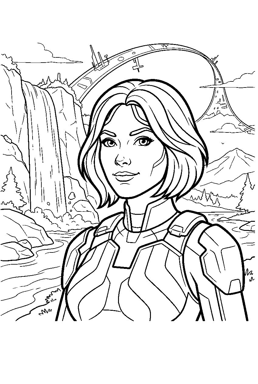 halo cortana near ringworld waterfall line art
