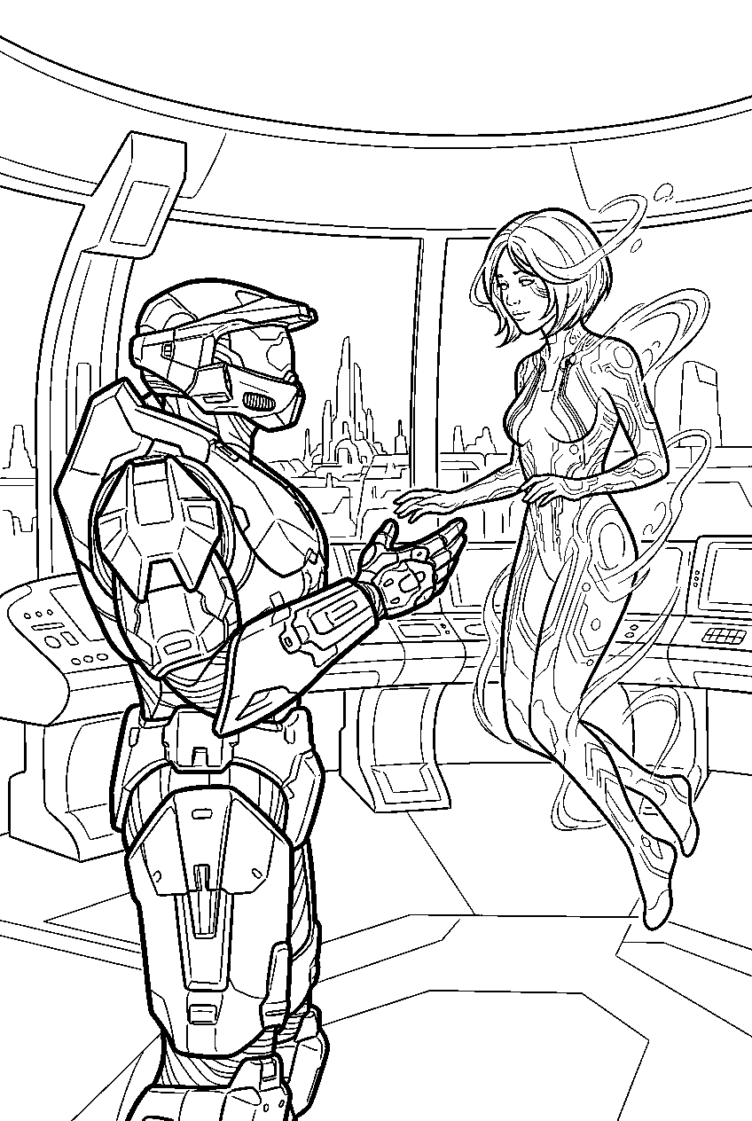 halo cortana rejoining master chief in high charity control room line art