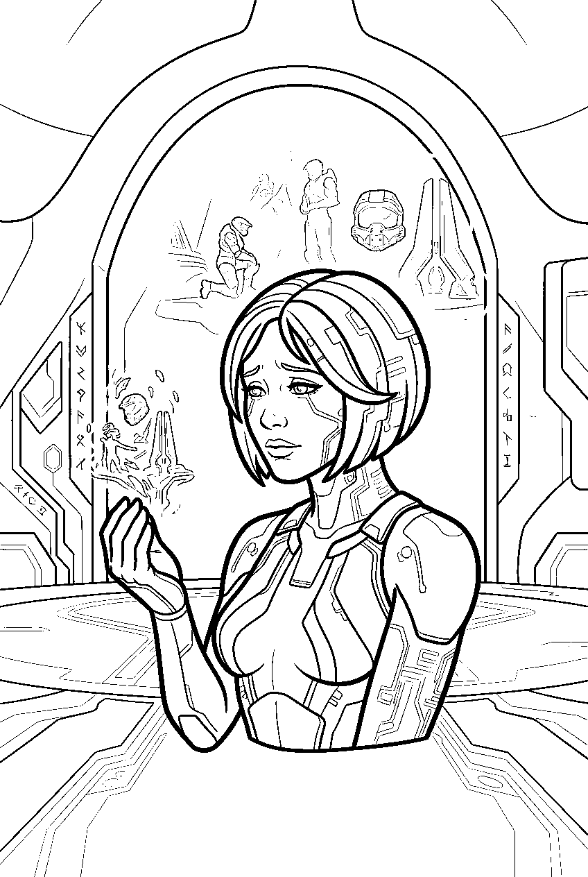 halo cortana revealing final memory in silent auditorium line art