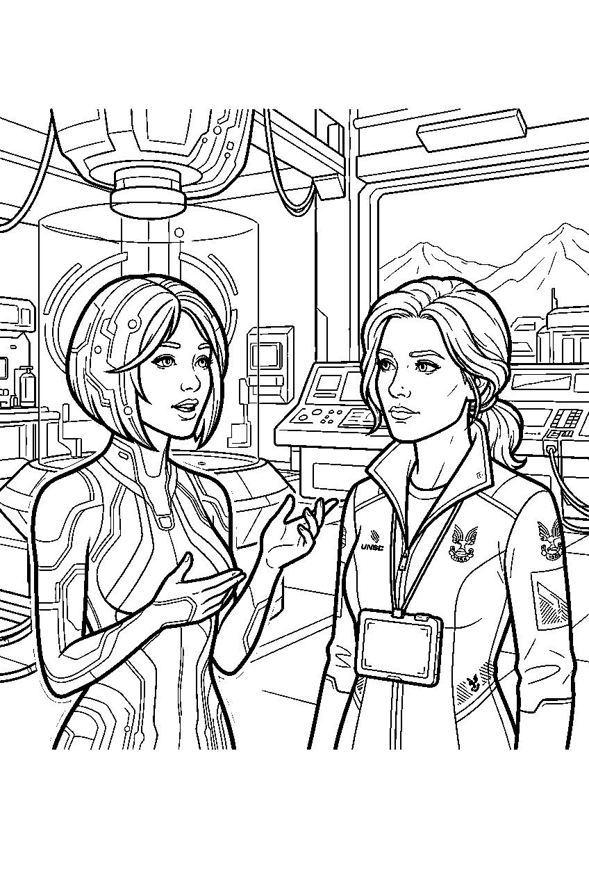 halo cortana speaking with halsey in sword base laboratory line art