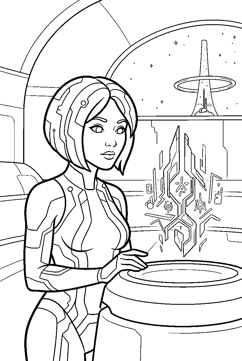 halo cortana studying forerunner artifact at sword base line art