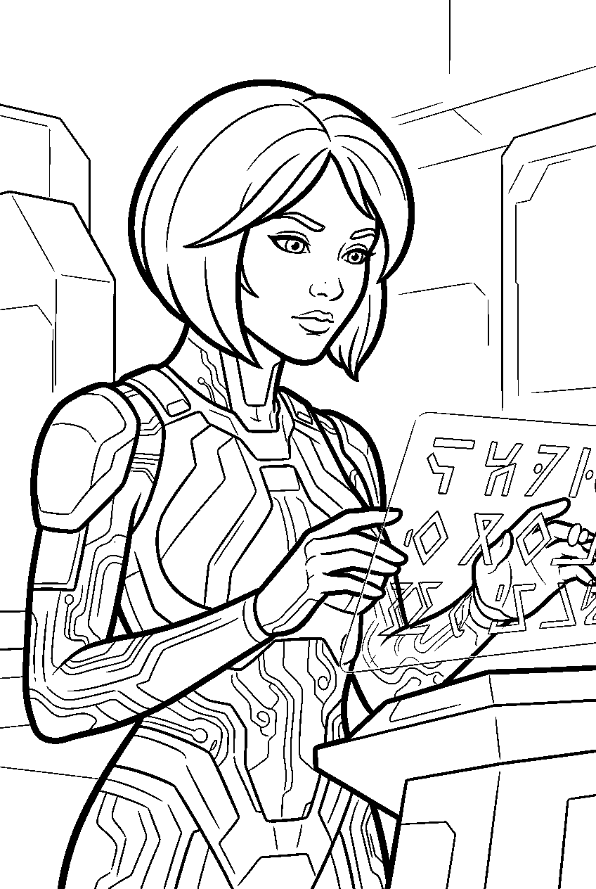 halo cortana studying forerunner symbols in silent cartographer line art