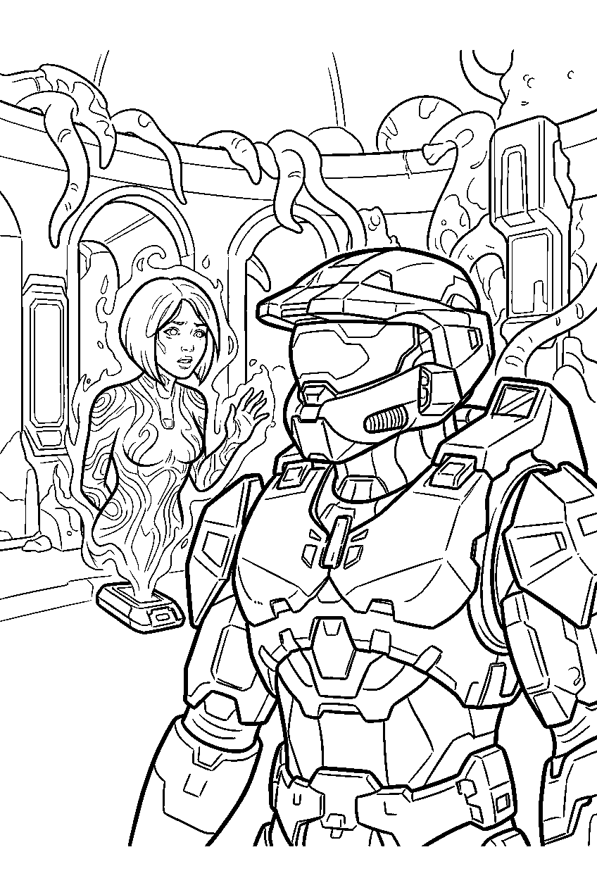 halo cortana warning master chief in flood infested high charity line art