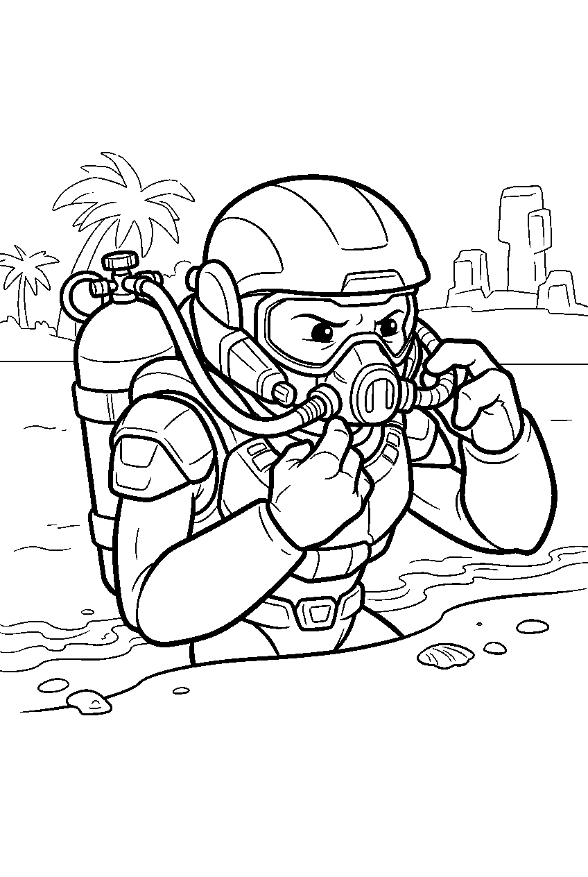 halo grunt adjusting breathing tank on silent cartographer beach line art