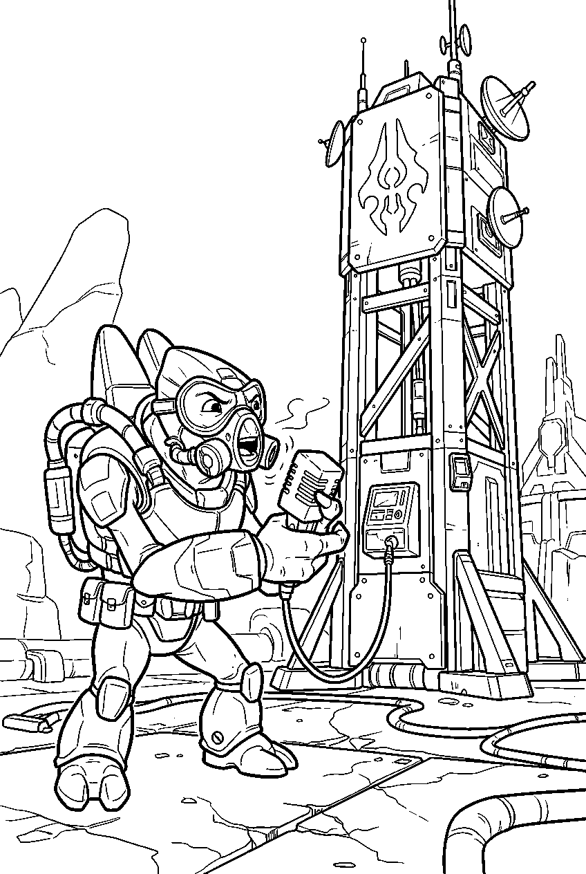 halo grunt broadcasting message near propaganda tower line art