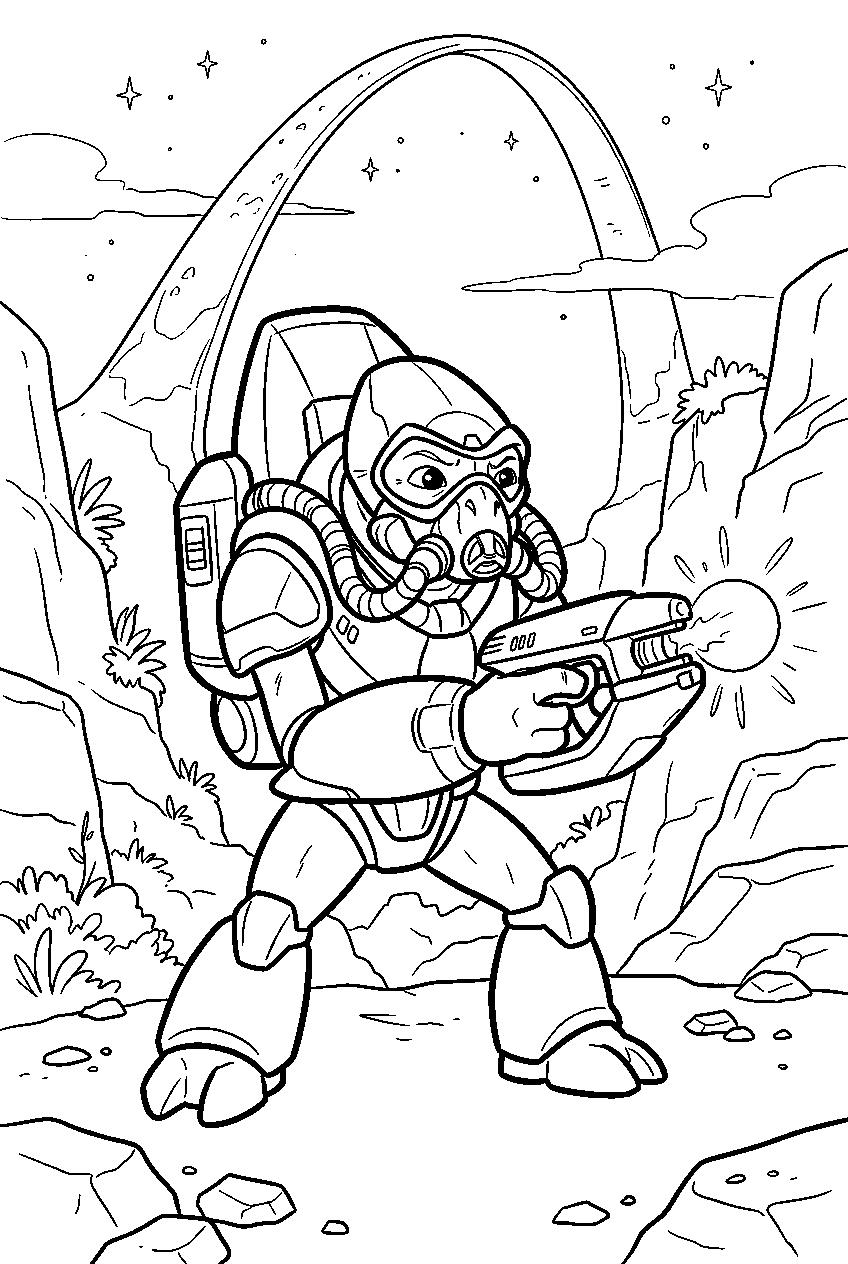 halo grunt charging plasma pistol in ringworld canyon line art