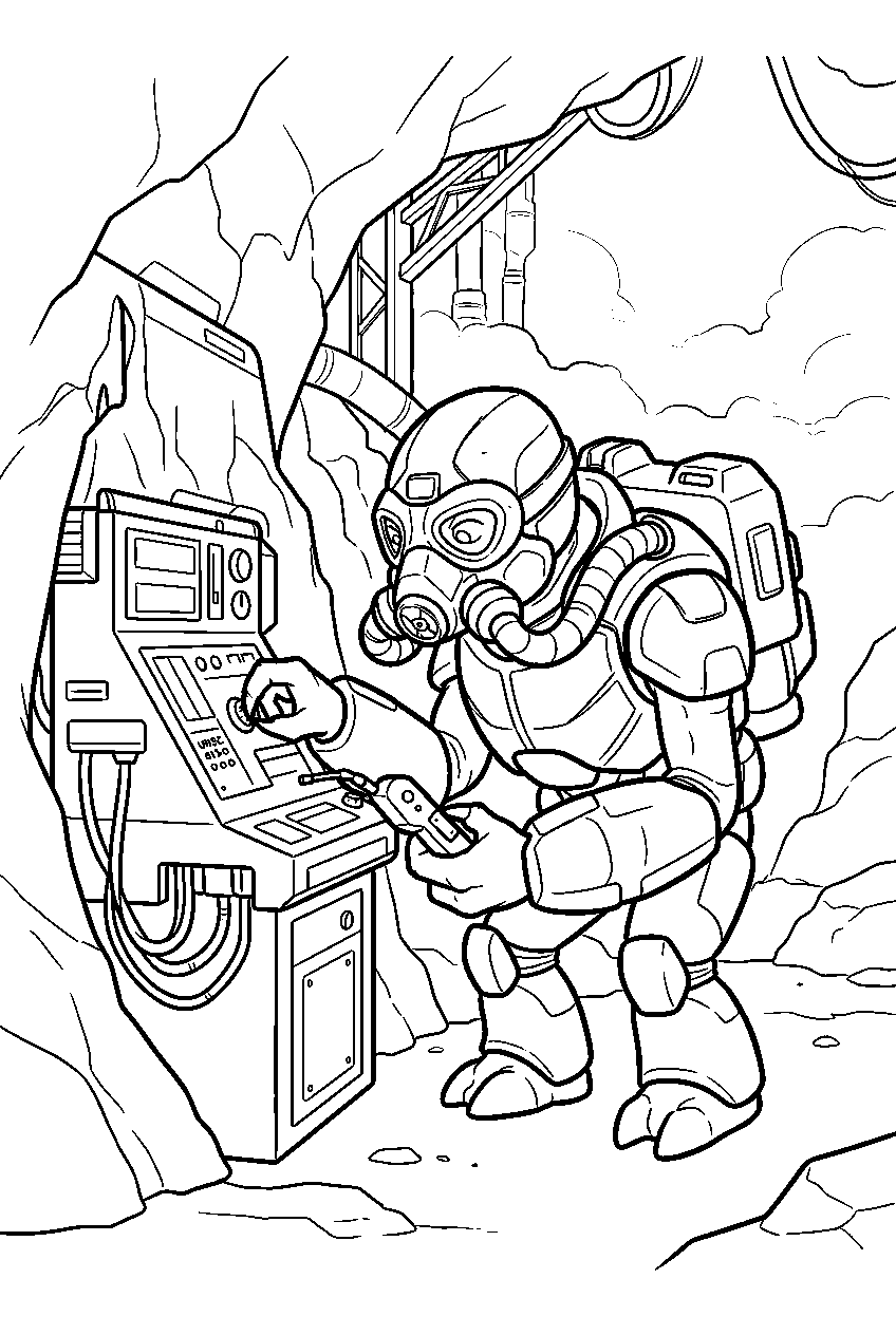 halo grunt checking equipment inside threshold gas mine line art