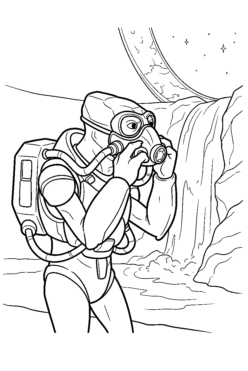 halo grunt checking methane mask near ringworld waterfall line art