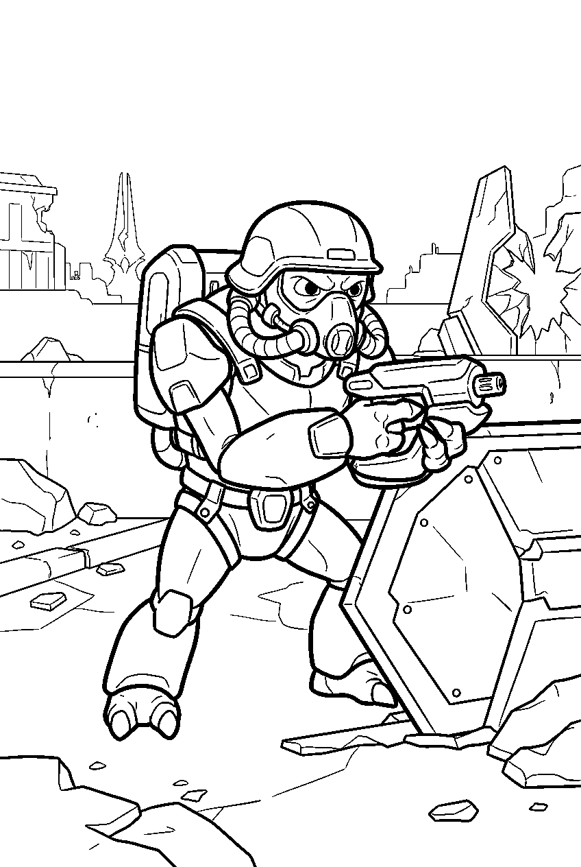 halo grunt defending courtyard in new alexandria line art