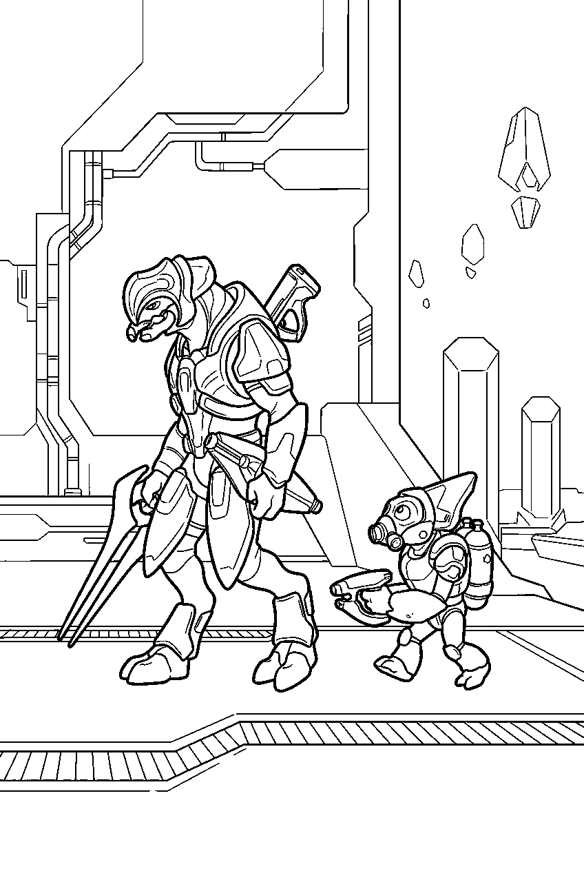 halo grunt following arbiter along sentinel wall line art