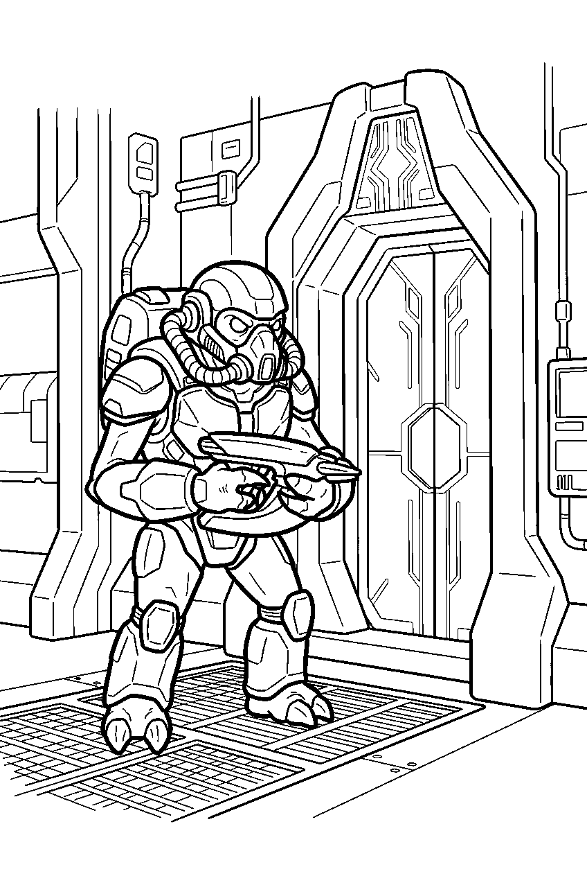 halo grunt guarding doorway inside ark citadel line art