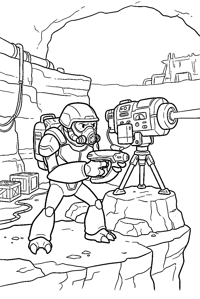 halo grunt guarding mining laser at excavation site line art