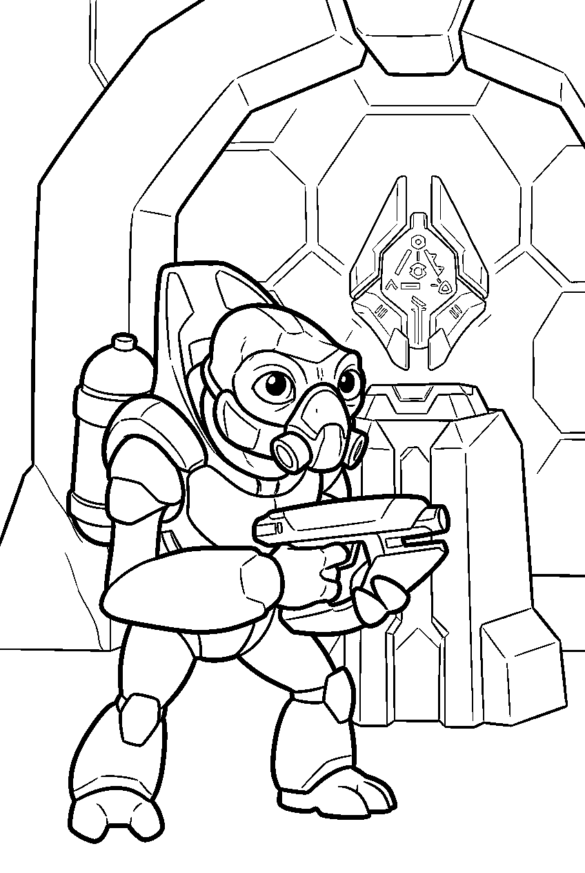 halo grunt guarding sacred icon in forerunner chamber line art