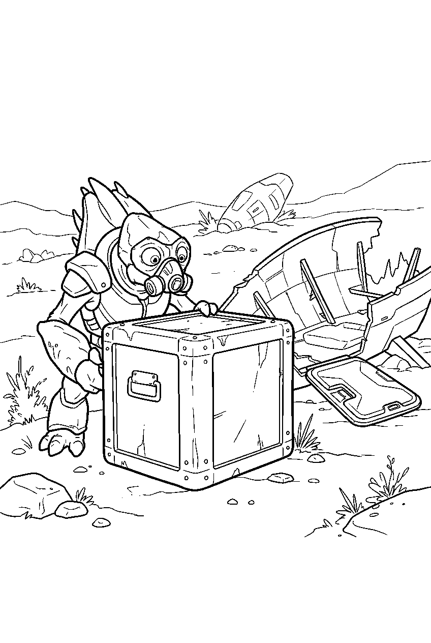 halo grunt hiding behind crate near lifeboat crash site line art