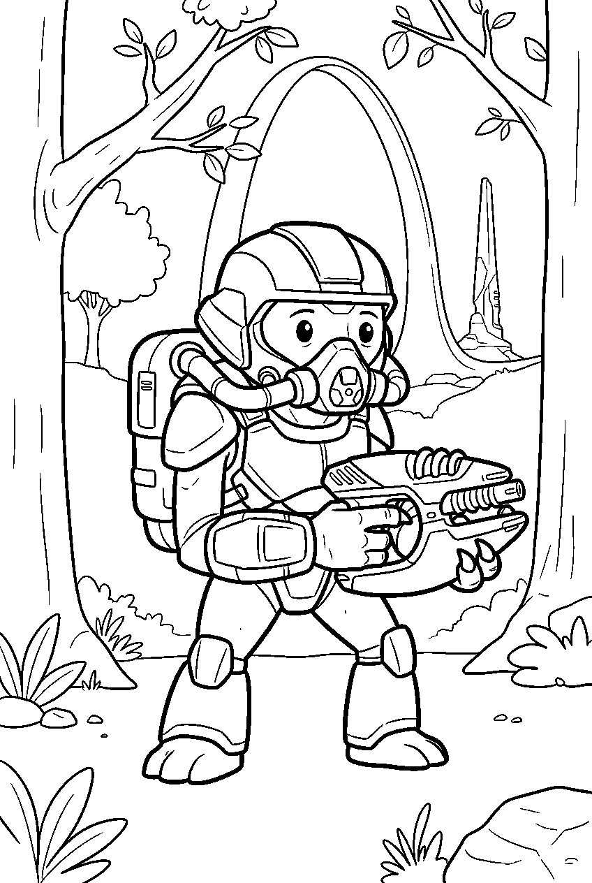 halo grunt holding plasma pistol in ringworld forest line art