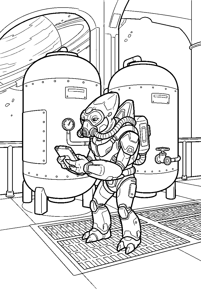 halo grunt inspecting methane tanks on threshold platform line art