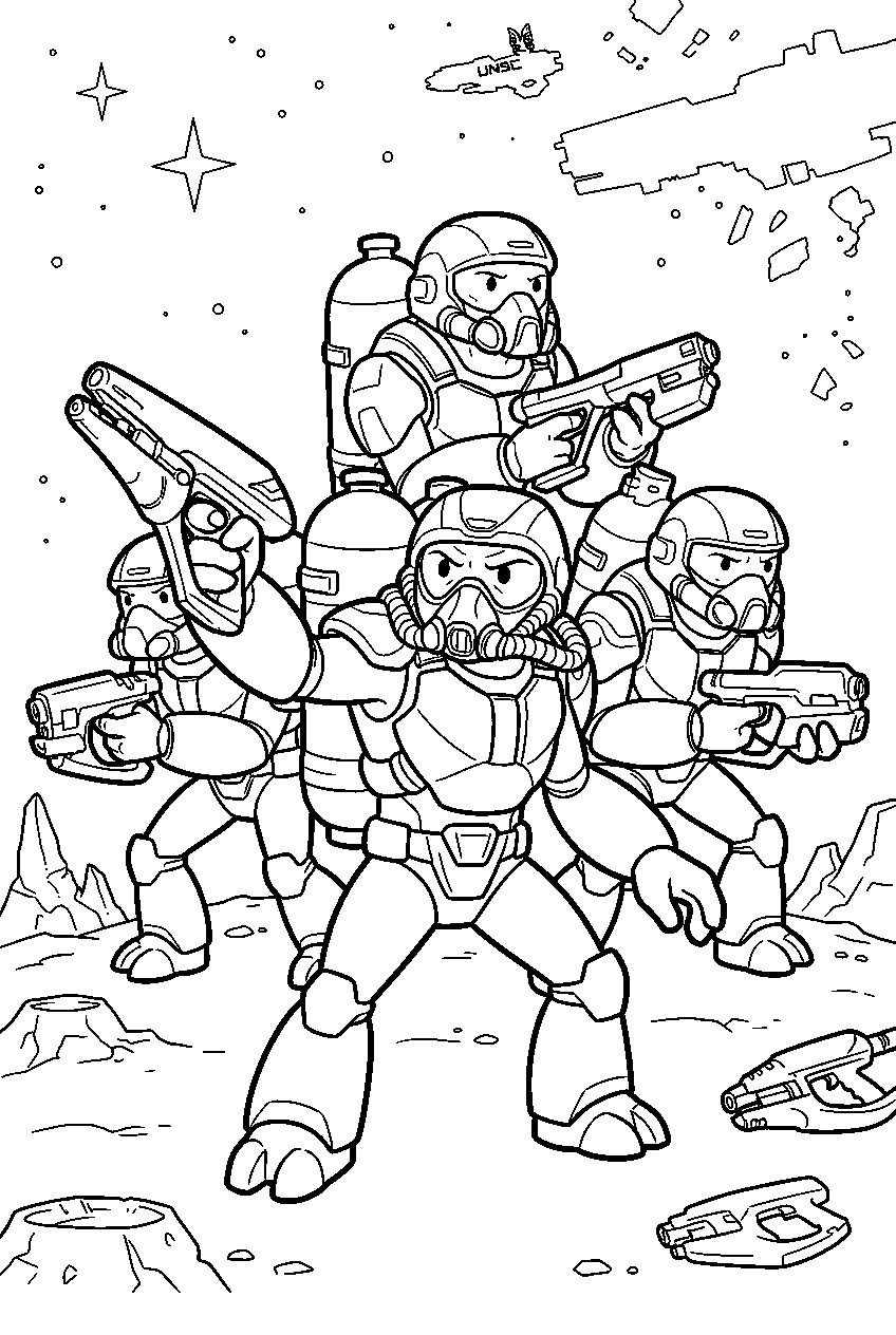 halo grunt leading grunt squad in space battlefield line art